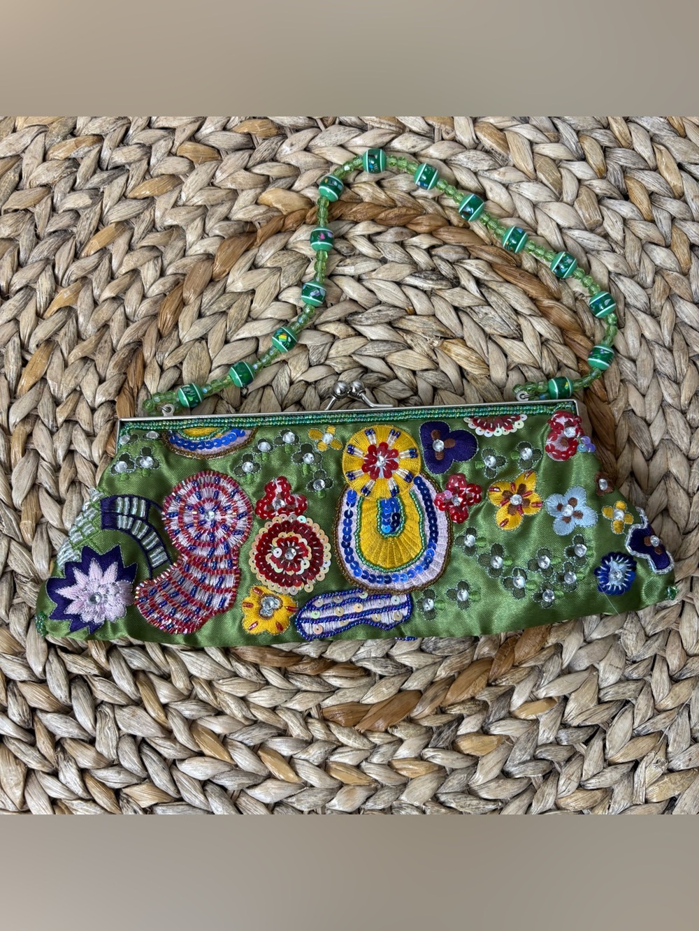 Vintage Y2K Green Fairy Beaded Embroidered Satin Kisslock Bag with Chain